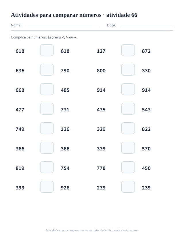 Prévia de Atividades para comparar números, atividade 66 para imprimir