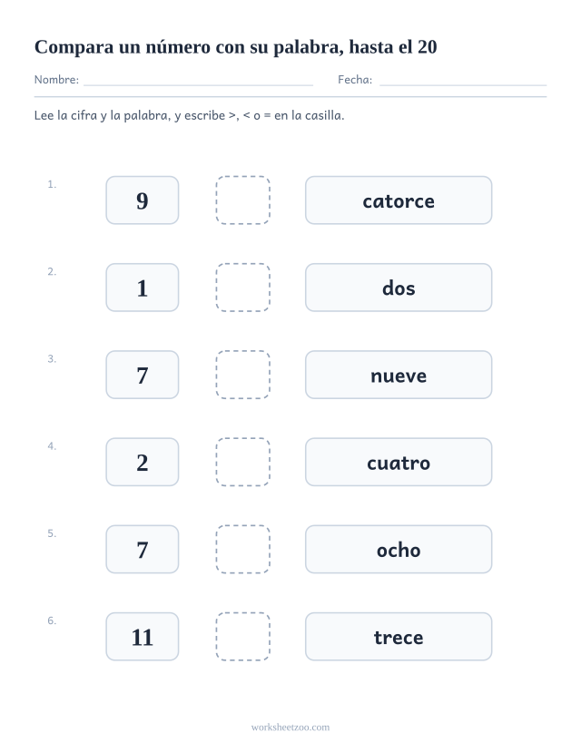 Ficha para comparar números con una cifra a un lado y el número escrito con letras hasta el 20 al otro