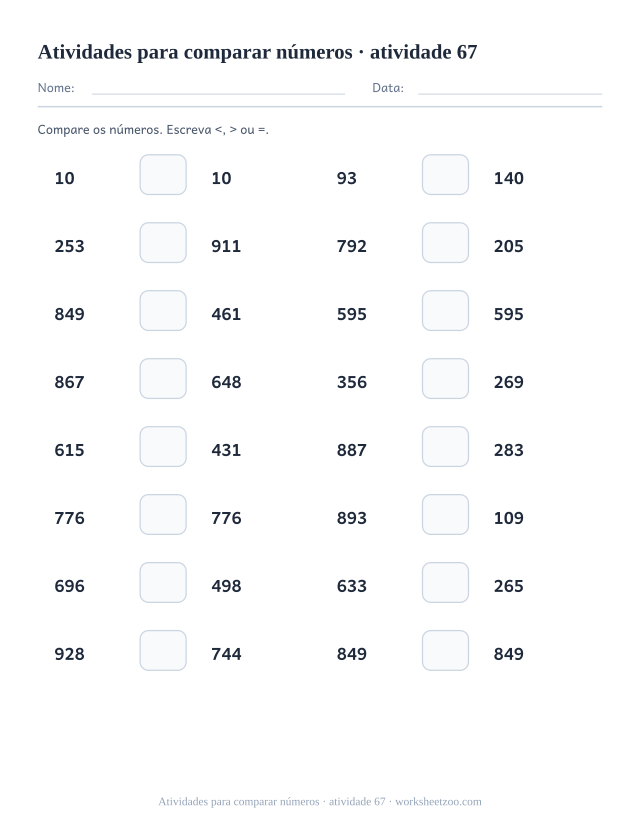 Prévia de Atividades para comparar números, atividade 67 para imprimir