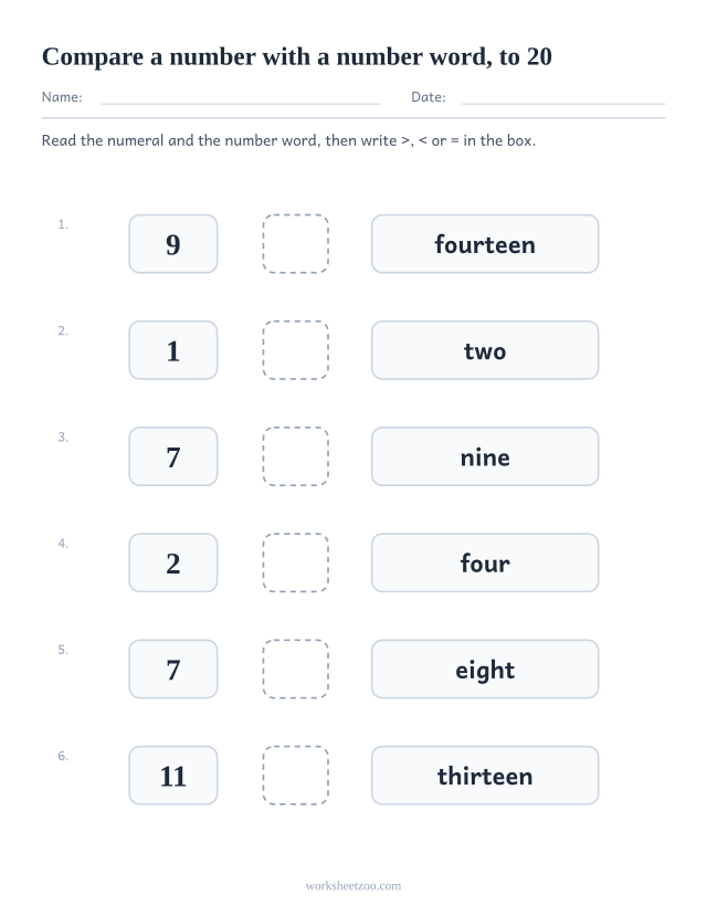 Comparing numbers worksheet with a numeral on one side and a written number word to 20 on the other