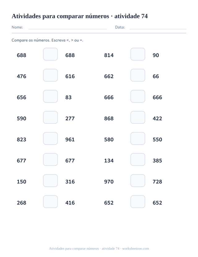 Prévia de Atividades para comparar números, atividade 74 para imprimir