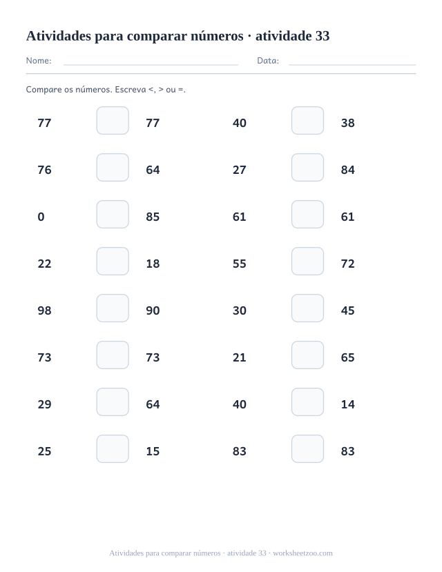Prévia de Atividades para comparar números, atividade 33 para imprimir
