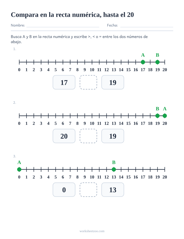 Ficha para comparar números en la recta numérica, tres rectas marcadas hasta el 20 con una casilla de símbolo debajo