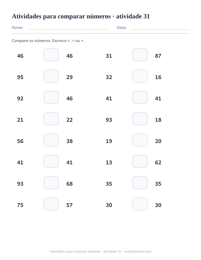 Prévia de Atividades para comparar números, atividade 31 para imprimir