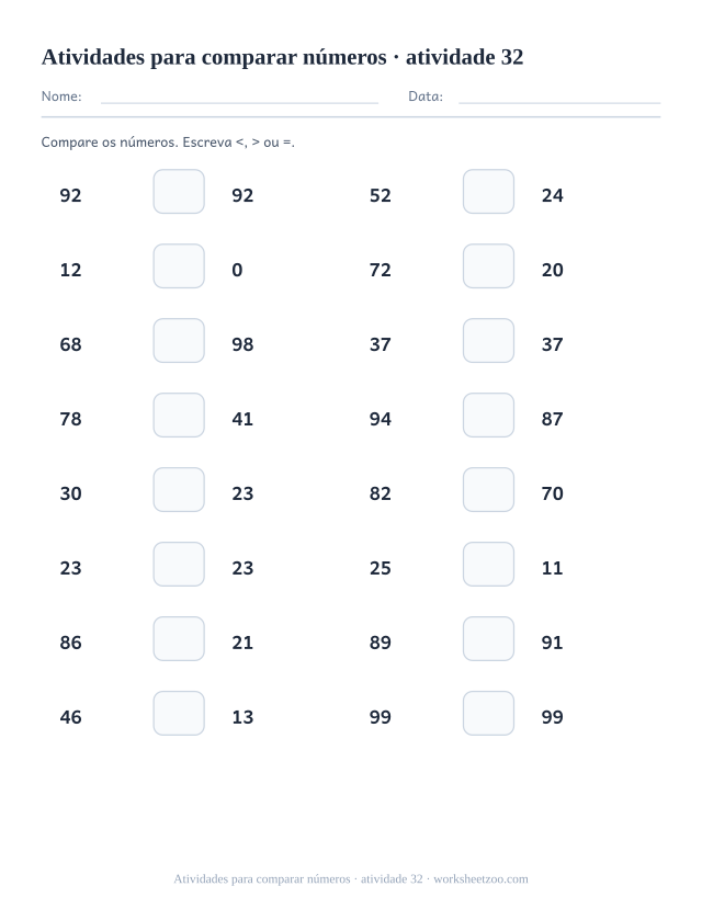 Prévia de Atividades para comparar números, atividade 32 para imprimir