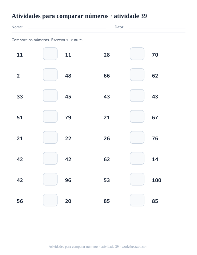 Prévia de Atividades para comparar números, atividade 39 para imprimir