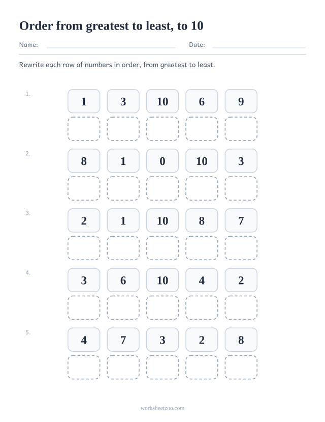 Ordering numbers worksheet, rewrite each set to 10 in order from greatest