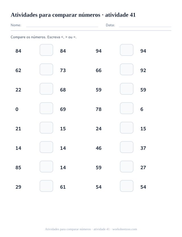 Prévia de Atividades para comparar números, atividade 41 para imprimir