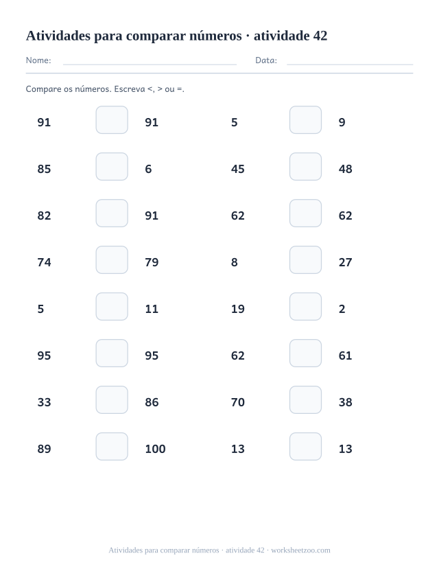 Prévia de Atividades para comparar números, atividade 42 para imprimir