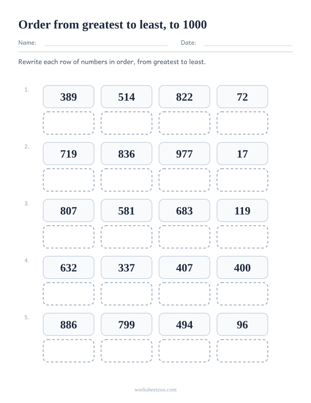 Ordering numbers worksheet, rewrite each set to 1000 in order from greatest