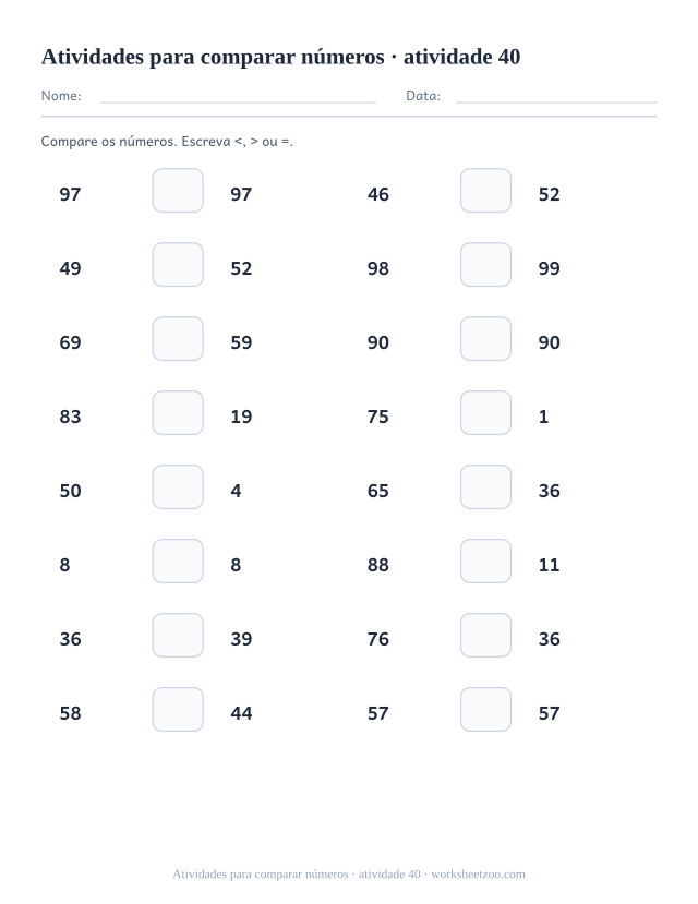 Prévia de Atividades para comparar números, atividade 40 para imprimir