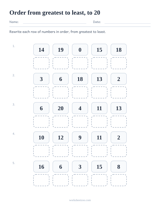 Ordering numbers worksheet, rewrite each set to 20 in order from greatest