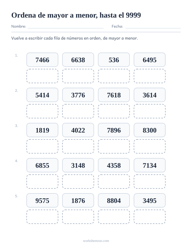 Ficha para ordenar números, reescribe cada grupo hasta el 9999 en el orden pedido