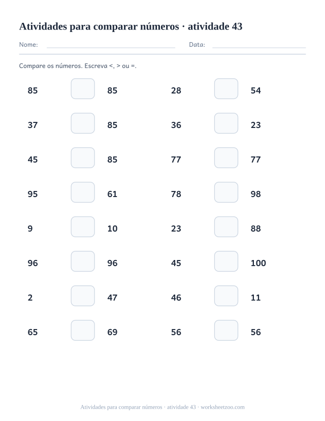 Prévia de Atividades para comparar números, atividade 43 para imprimir