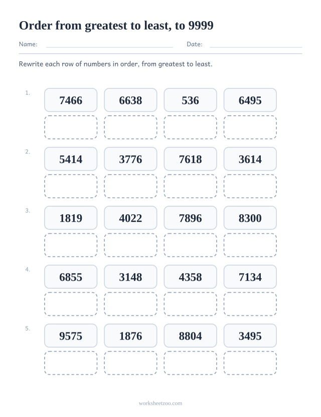 Ordering numbers worksheet, rewrite each set to 9999 in order from greatest