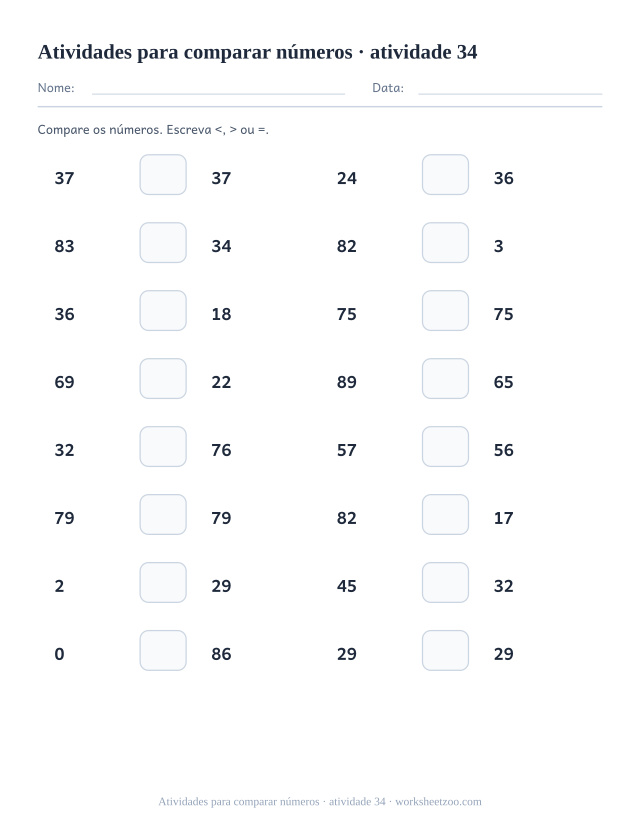 Prévia de Atividades para comparar números, atividade 34 para imprimir