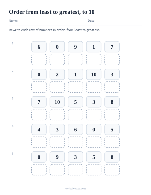 Ordering numbers worksheet, rewrite each set to 10 in order from least