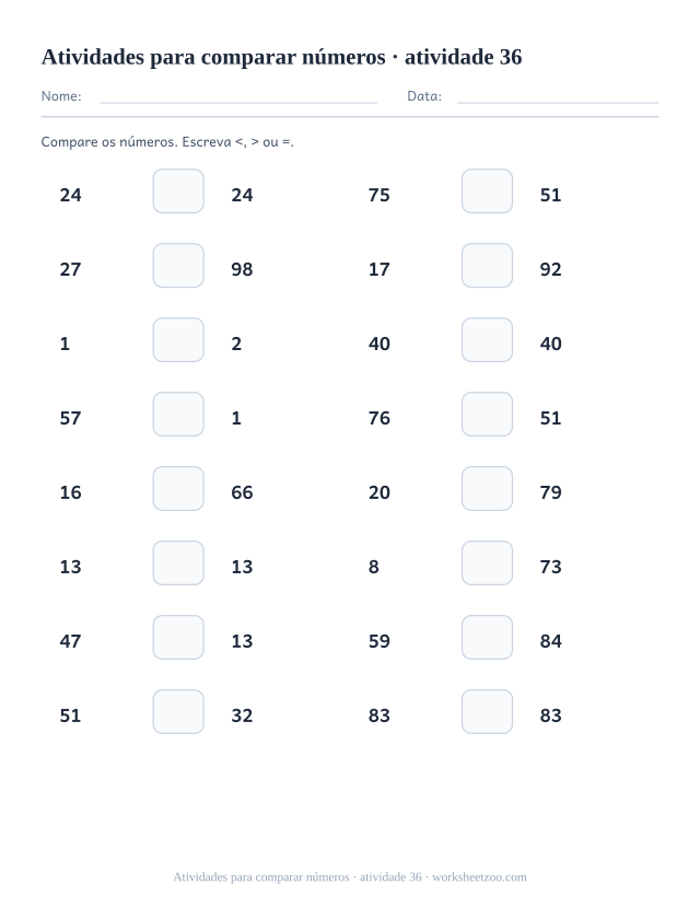 Prévia de Atividades para comparar números, atividade 36 para imprimir