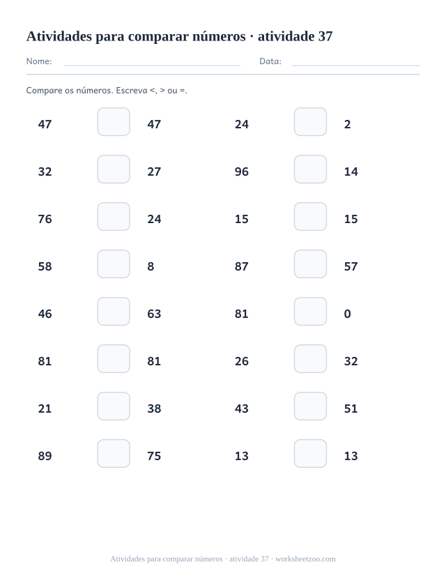 Prévia de Atividades para comparar números, atividade 37 para imprimir