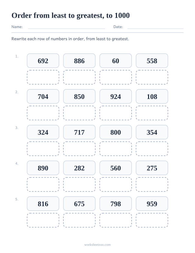 Ordering numbers worksheet, rewrite each set to 1000 in order from least