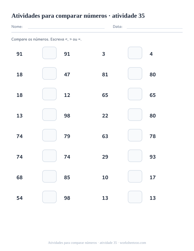 Prévia de Atividades para comparar números, atividade 35 para imprimir