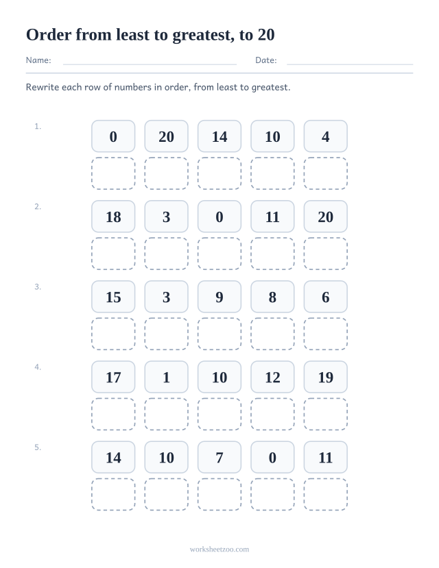 Ordering numbers worksheet, rewrite each set to 20 in order from least