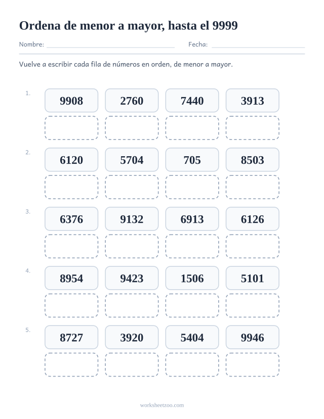 Ficha para ordenar números, reescribe cada grupo hasta el 9999 en el orden pedido