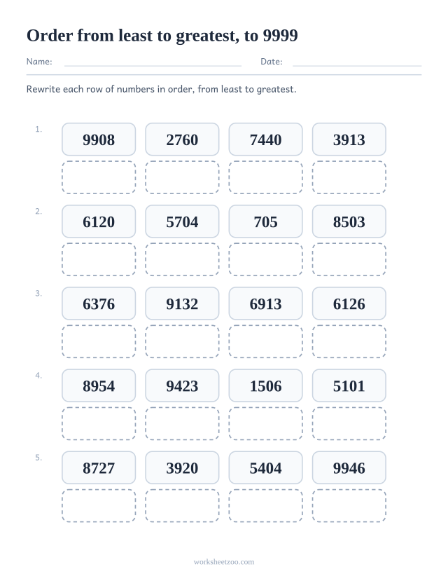 Ordering numbers worksheet, rewrite each set to 9999 in order from least