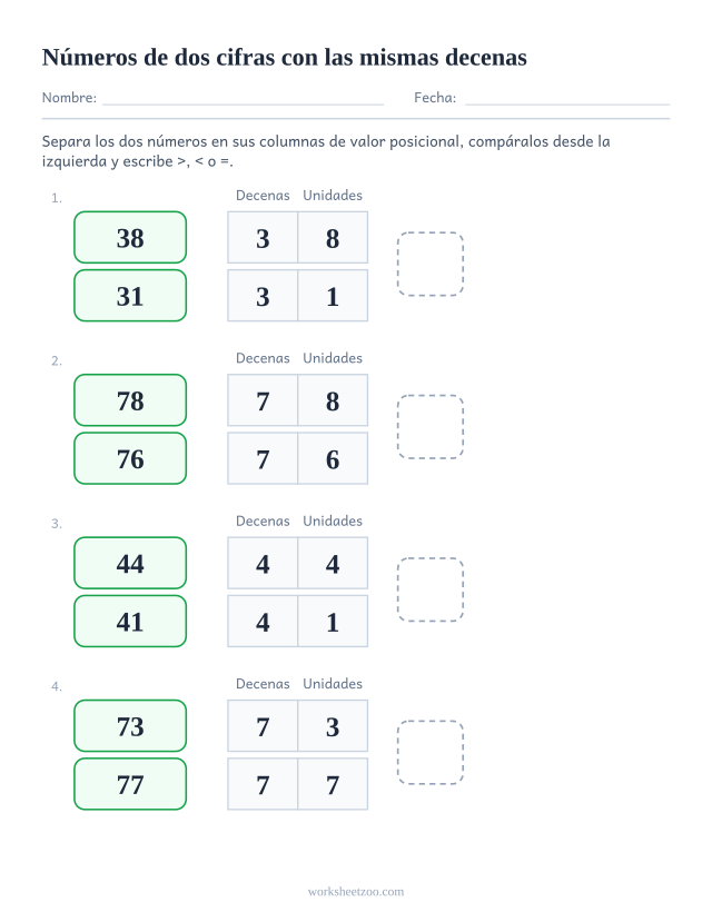Ficha de valor posicional para comparar, números de 2 cifras separados en columnas con casilla de símbolo