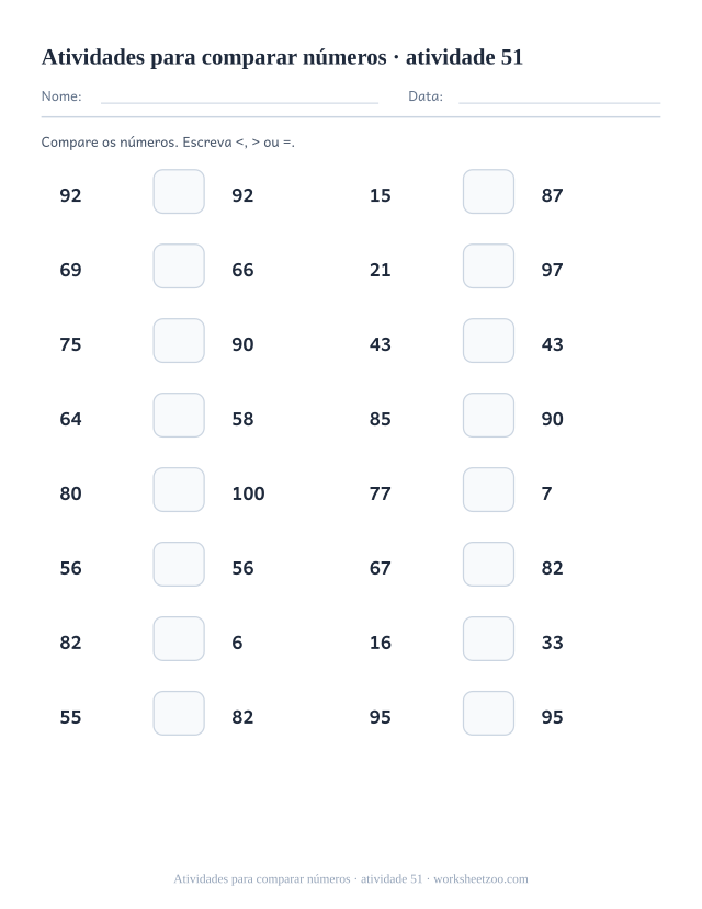 Prévia de Atividades para comparar números, atividade 51 para imprimir