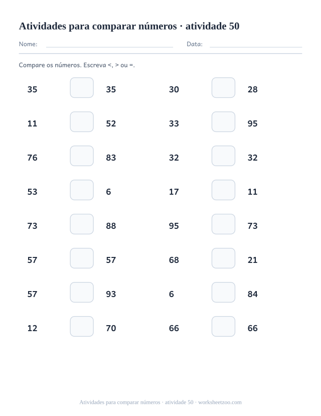 Prévia de Atividades para comparar números, atividade 50 para imprimir