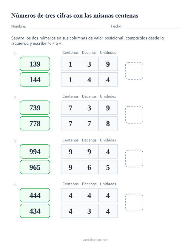 Ficha de valor posicional para comparar, números de 3 cifras separados en columnas con casilla de símbolo