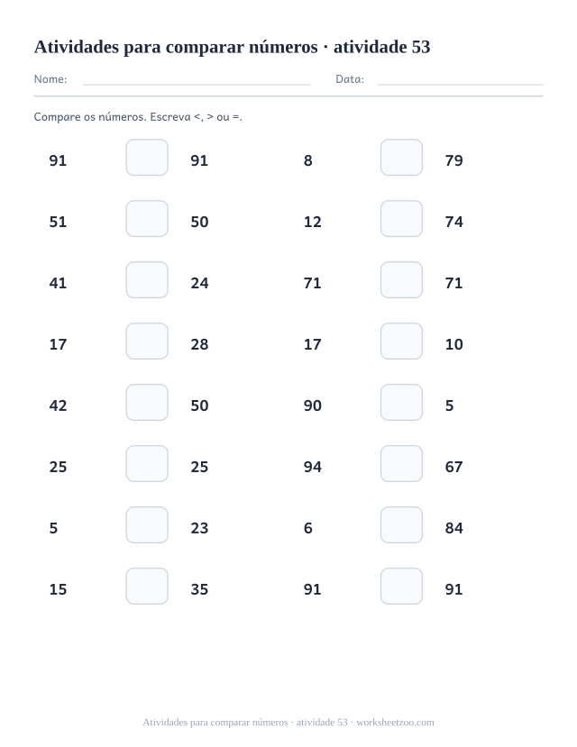 Prévia de Atividades para comparar números, atividade 53 para imprimir