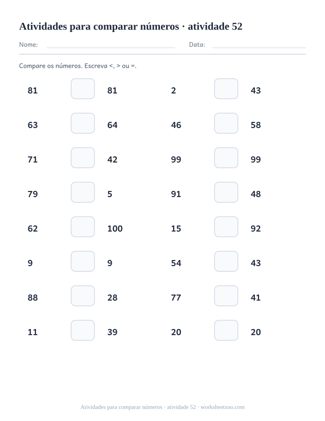 Prévia de Atividades para comparar números, atividade 52 para imprimir