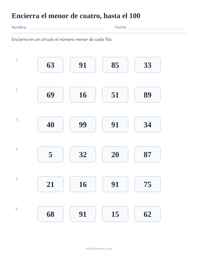 Ficha para comparar números, cuatro números hasta el 100 por fila y el menor para encerrar