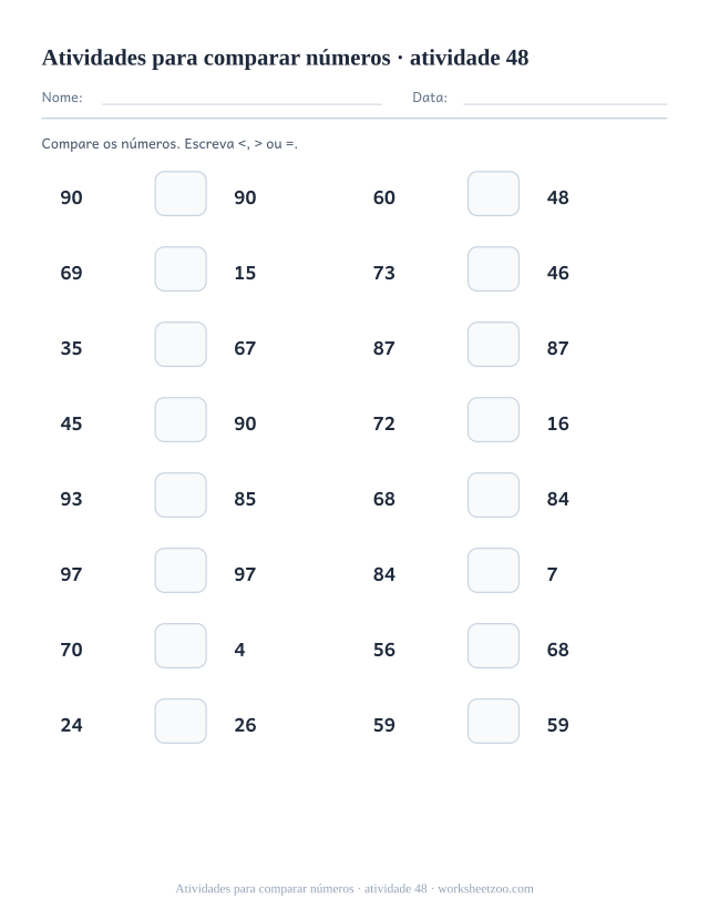 Prévia de Atividades para comparar números, atividade 48 para imprimir