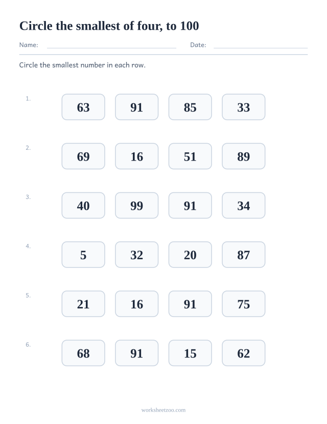 Comparing numbers worksheet, four numbers to 100 per row and the smallest one to circle