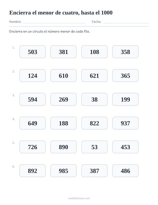 Ficha para comparar números, cuatro números hasta el 1000 por fila y el menor para encerrar