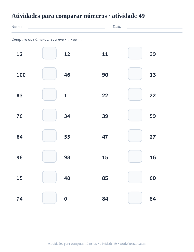 Prévia de Atividades para comparar números, atividade 49 para imprimir