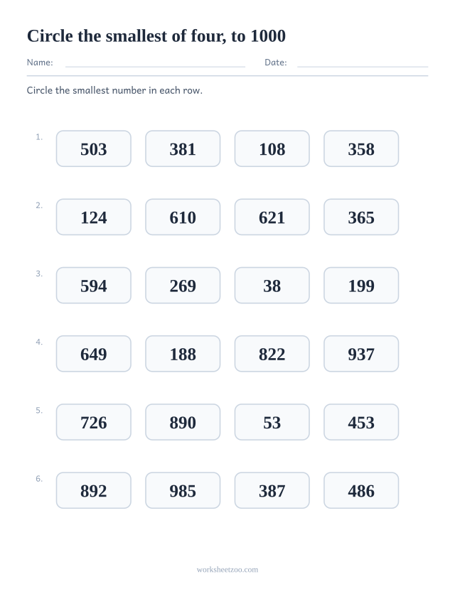 Comparing numbers worksheet, four numbers to 1000 per row and the smallest one to circle