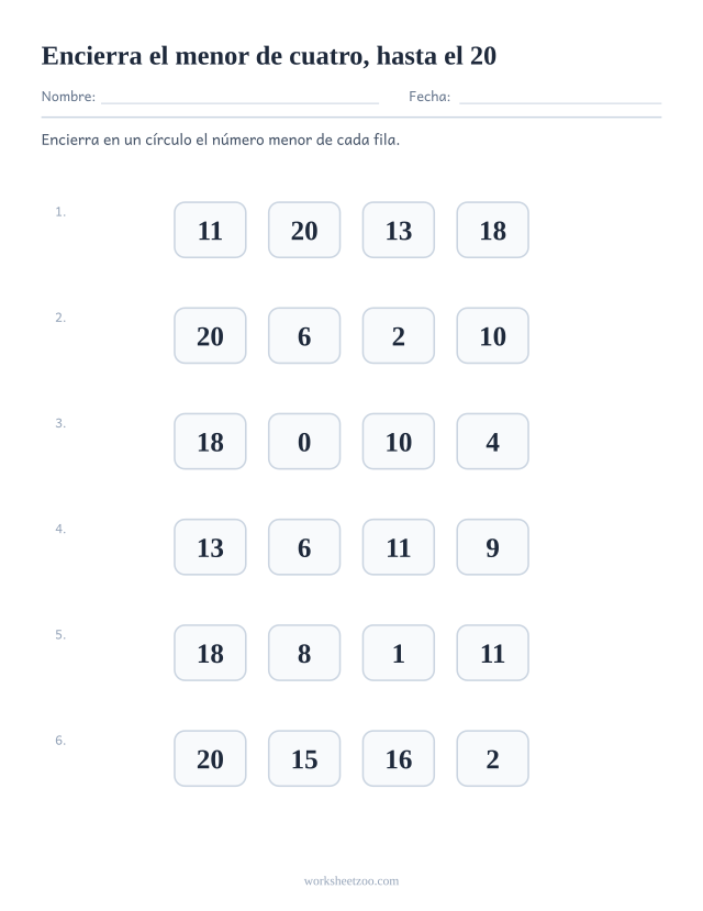 Ficha para comparar números, cuatro números hasta el 20 por fila y el menor para encerrar