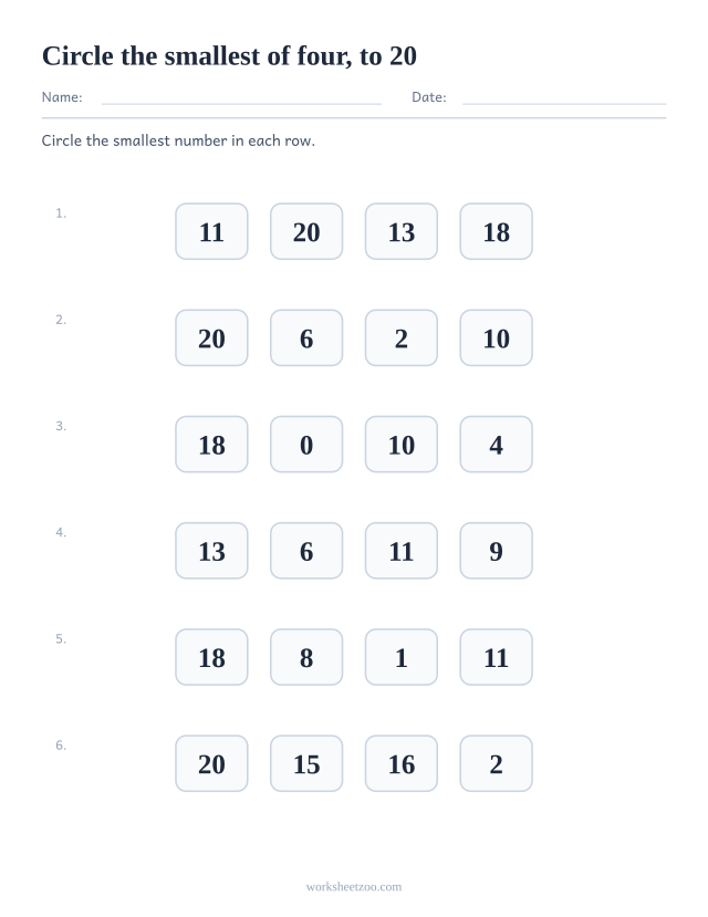 Comparing numbers worksheet, four numbers to 20 per row and the smallest one to circle