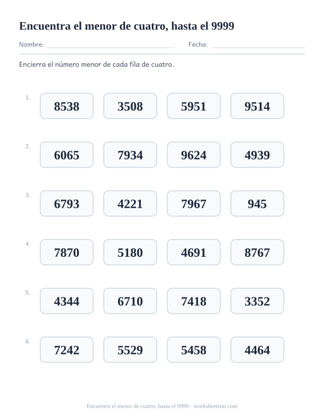 Ficha para comparar números, encierra el menor de cuatro números hasta el 9999
