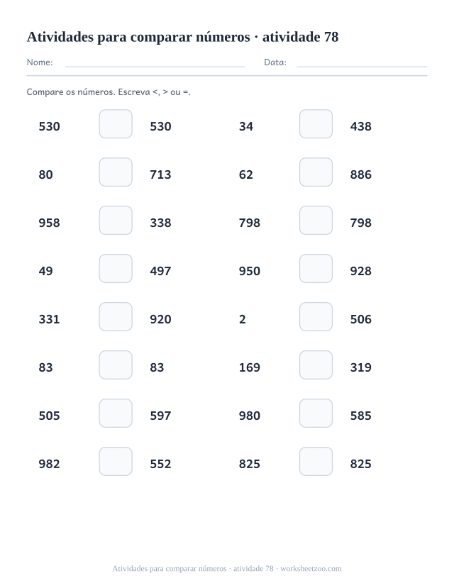 Prévia de Atividades para comparar números, atividade 78 para imprimir