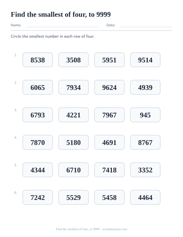 Comparing numbers worksheet, circle the smallest of four numbers up to 9999