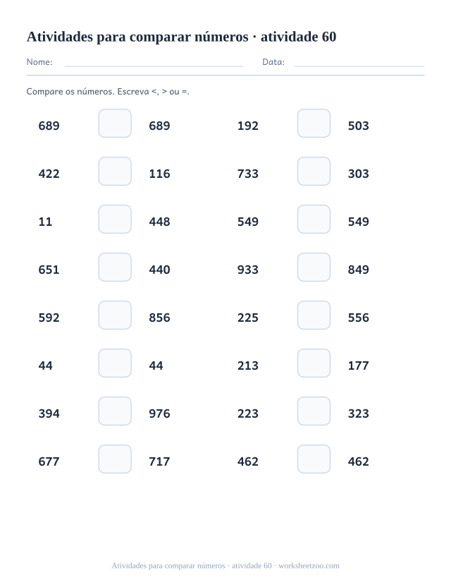 Prévia de Atividades para comparar números, atividade 60 para imprimir