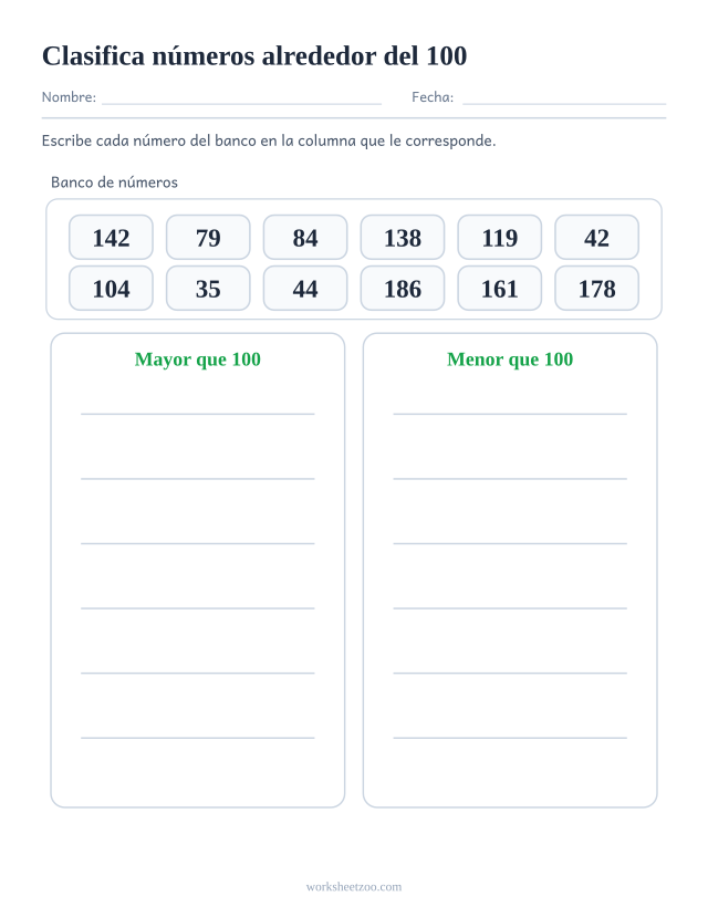 Ficha de clasificación, un banco de números para repartir en las columnas mayor que 100 y menor que 100