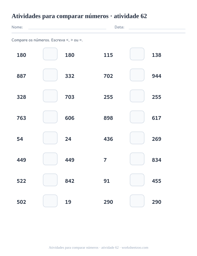 Prévia de Atividades para comparar números, atividade 62 para imprimir