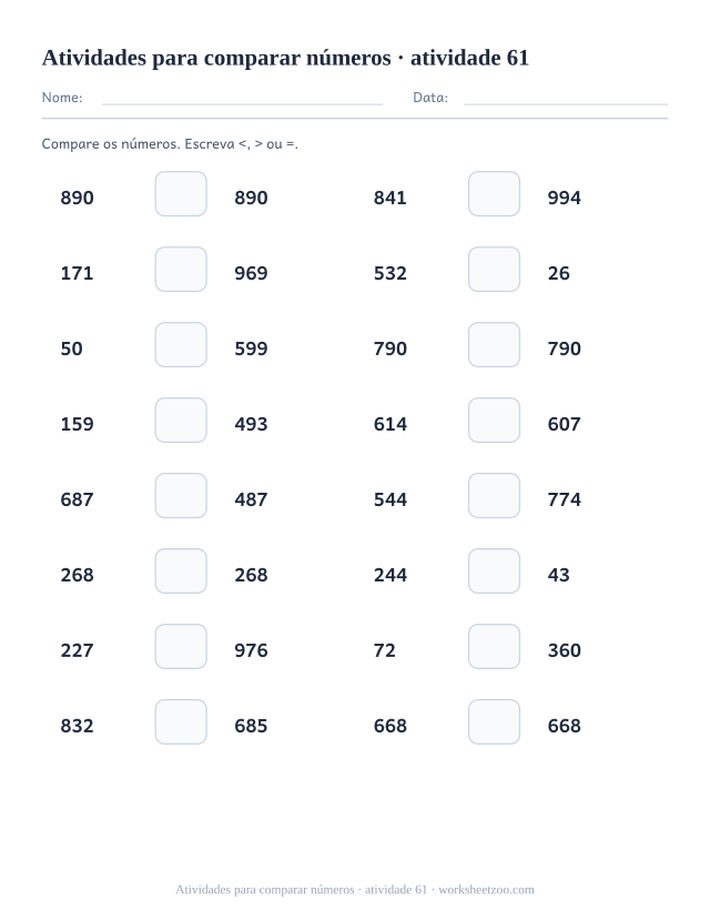 Prévia de Atividades para comparar números, atividade 61 para imprimir