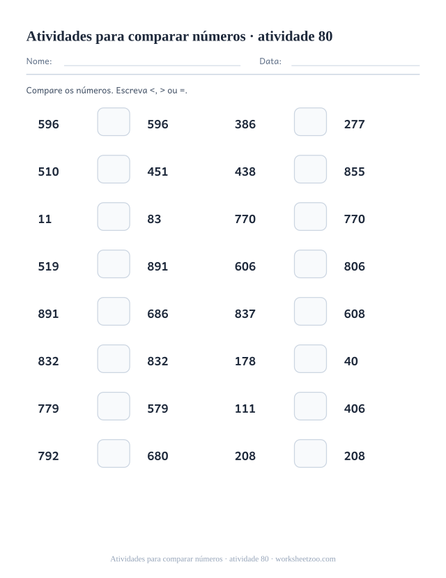 Prévia de Atividades para comparar números, atividade 80 para imprimir